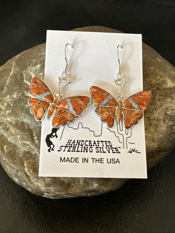 Butterfly Orange Spiny Oyster Opal Inlay Dangle Earrings | Sterling Silver | Authentic Native American Handmade | 18555