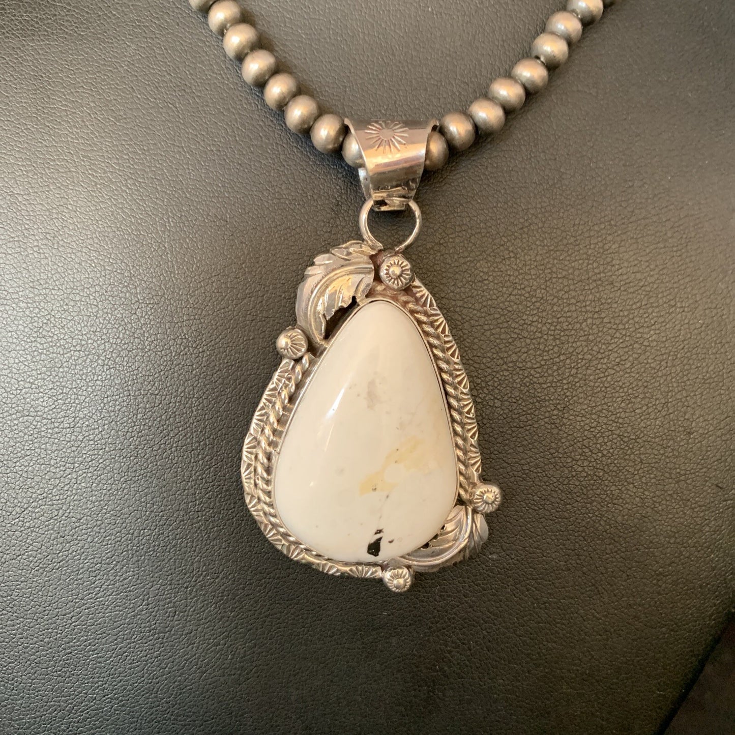 Mens White Buffalo Turquoise Pendant Sterling Silver Beads Necklace 19306