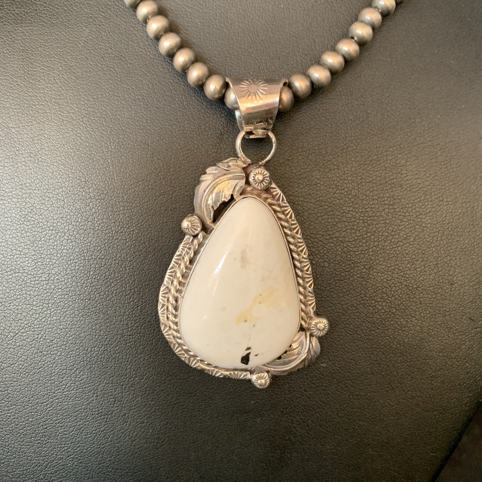 Mens White Buffalo Turquoise Pendant Sterling Silver Beads Necklace 19306