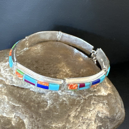 Blue Turquoise Spiny Navajo Old Pawn Sterling Silver Inlay Bracelet 7.5" 18127