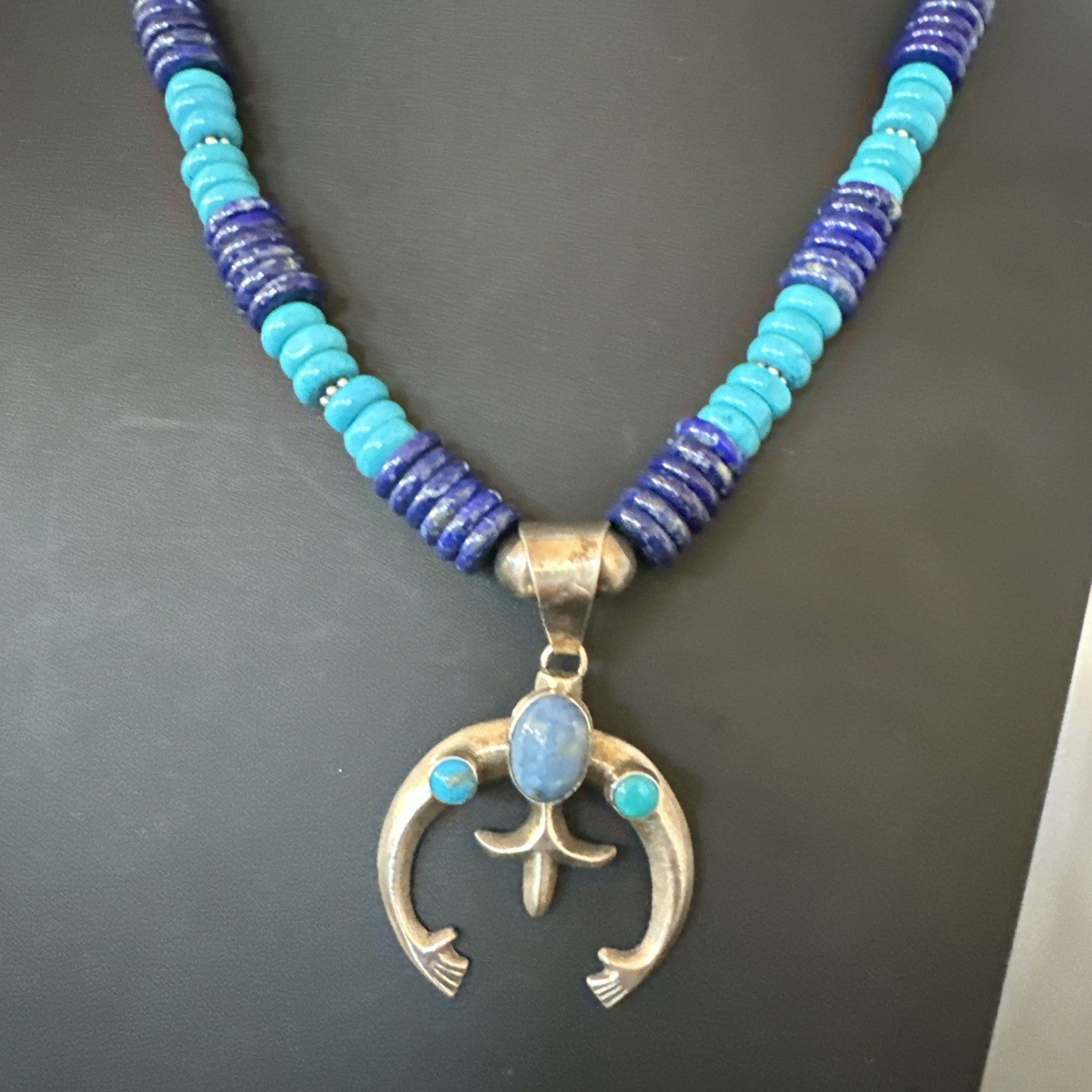 Blue Turquoise Lapis Naja Pendant Navajo 12mm Sterling Silver Necklace 19545