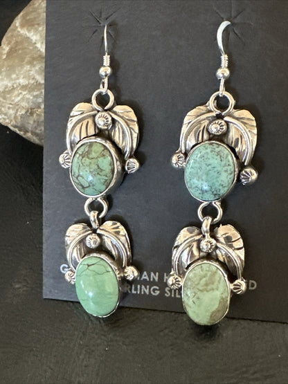 Native Navajo Green Turquoise Sterling Silver Dangle Earrings 2” 17910