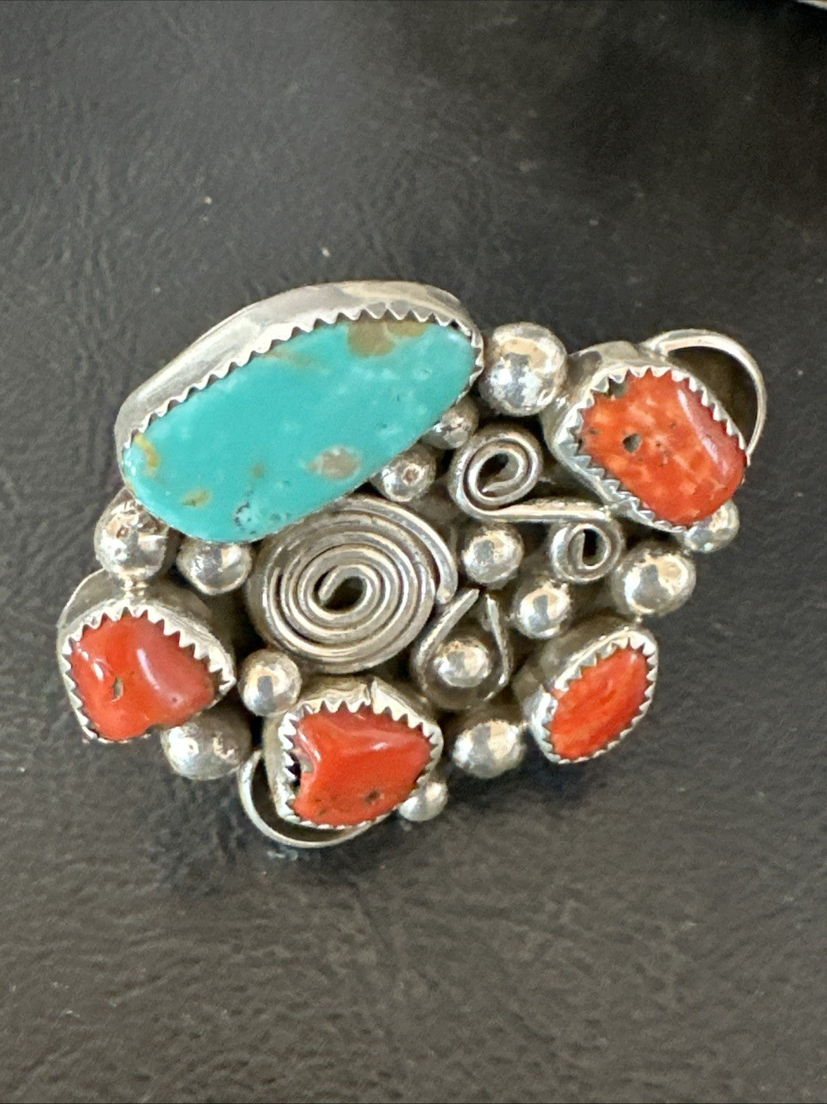 Navajo Blue Turquoise Coral Ring Multi-Stone Cluster Sz 9.5 19778