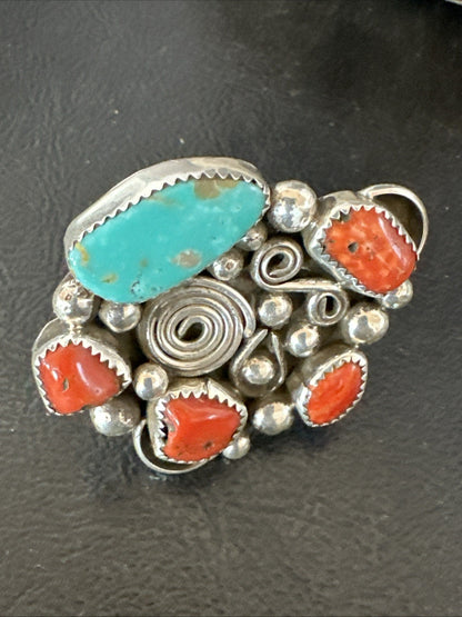 Navajo Blue Turquoise Coral Ring Multi-Stone Cluster Sz 9.5 19778