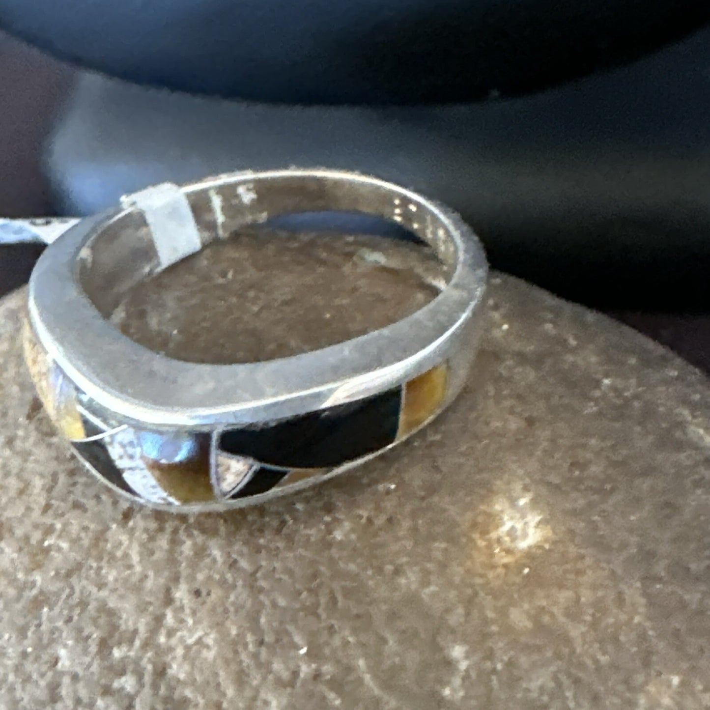 Navajo Black Onyx Tiger's Eye Inlay Sterling Ring Size 7 18699