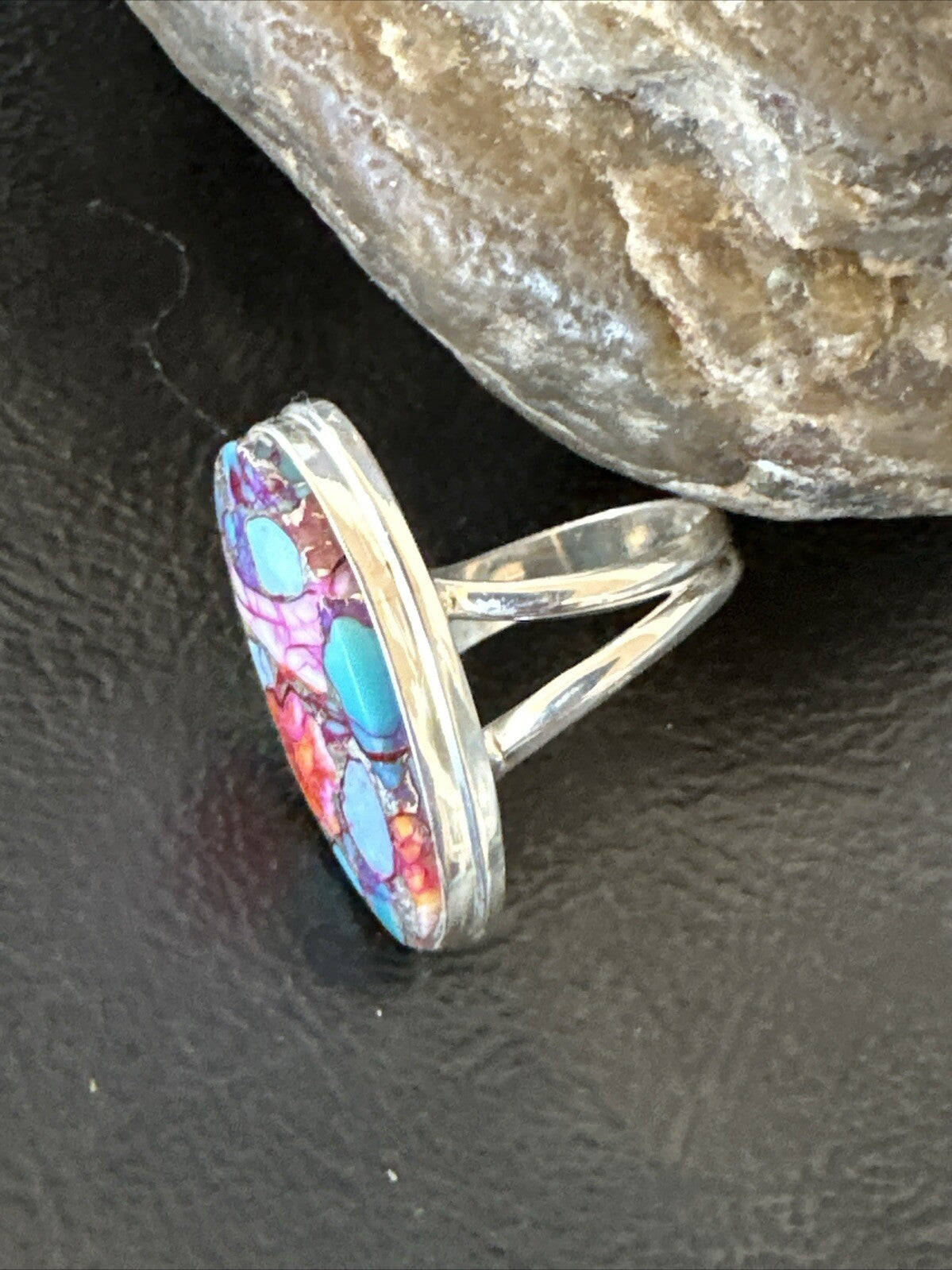 Blue Turquoise Spiny Oyster Southwestern Sterling Silver Ring Size 7 18432