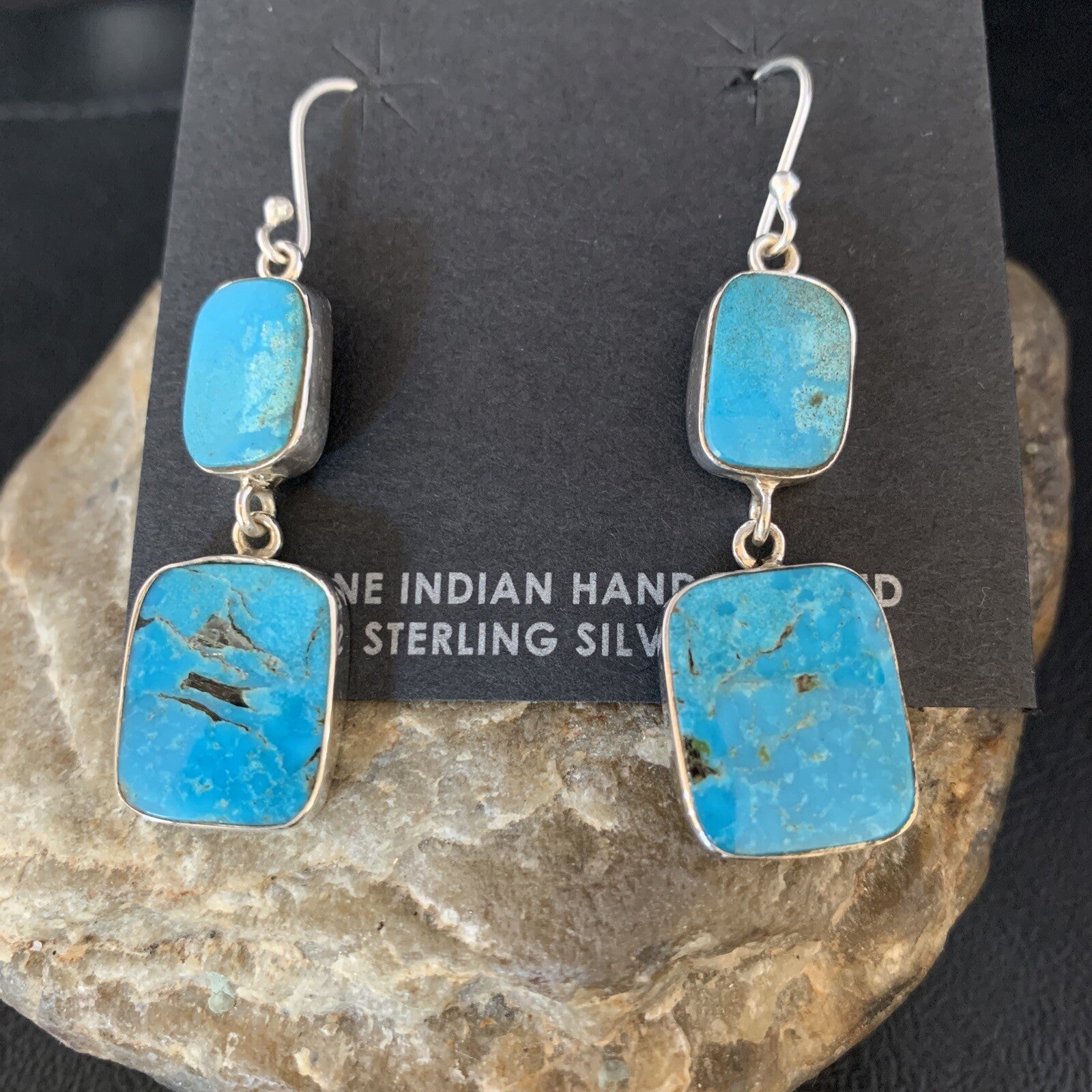 Kingman Turquoise Handmade Navajo Sterling Silver Dangle Earrings 1.5" 13898