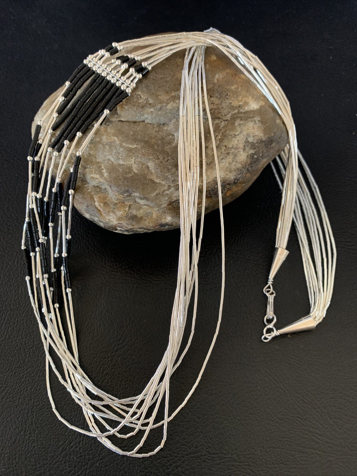 Black Onyx Liquid Silver 10 Strands Heishi Tubes 26" Necklace 13059