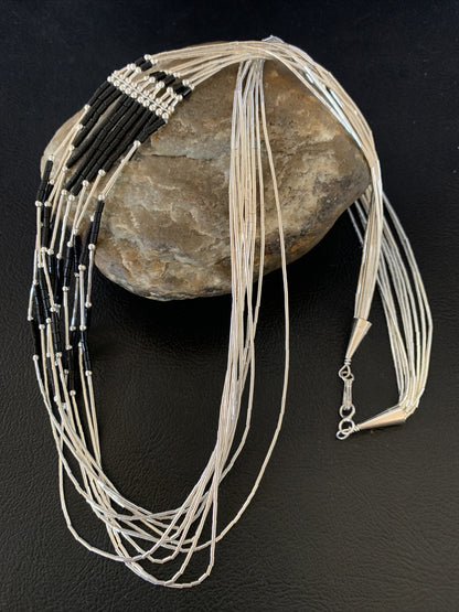 Black Onyx Liquid Silver 10 Strands Heishi Tubes 26" Necklace 13059