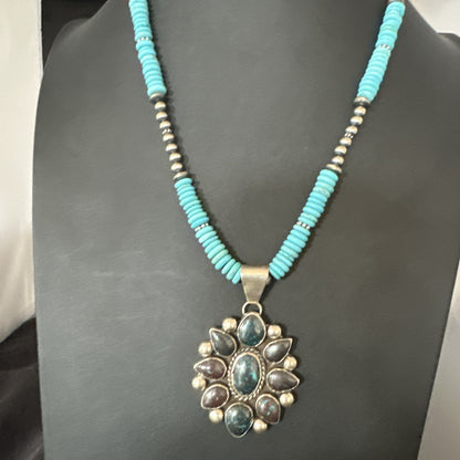 Blue Turquoise Navajo Sterling Silver Cluster Round Pendant Necklace 2”19660