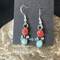 Handmade Blue Turquoise Red Coral Navajo Dangle Earrings | Sterling Silver | Authentic Native American Handmade | 18841
