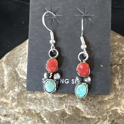 Handmade Blue Turquoise Red Coral Sterling Silver Navajo Dangle Earrings 18841