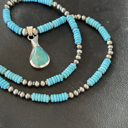 Pottery Blue Turquoise Inlay Pendant Navajo Sterling Silver Necklace 20" 19678