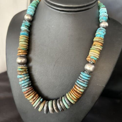 Navajo Blue Green Turquoise Bead Necklace Sterling Silver 20" 14239