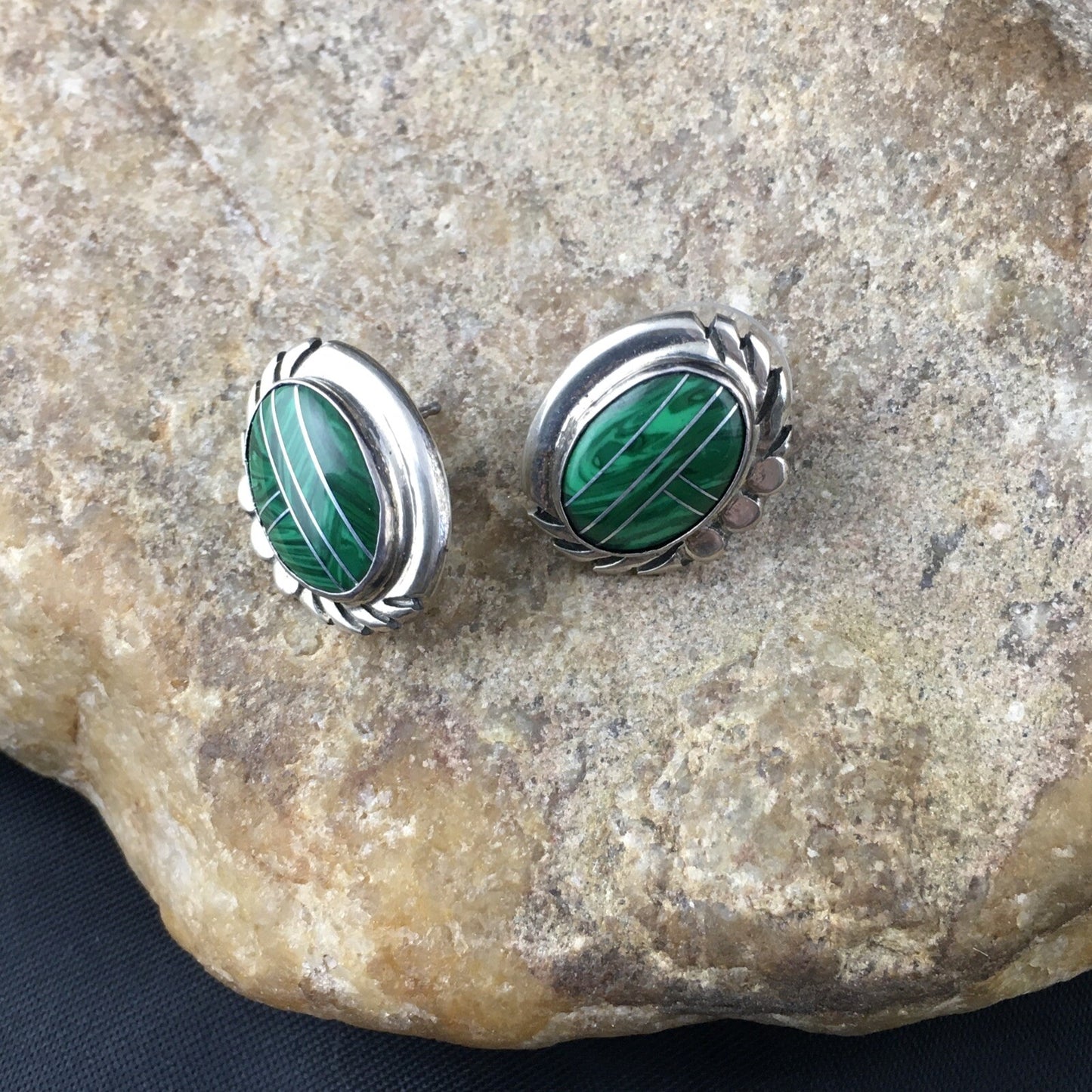Green Malachite Southwetsern Navajo Sterling Silver Inlay Earrings 01987