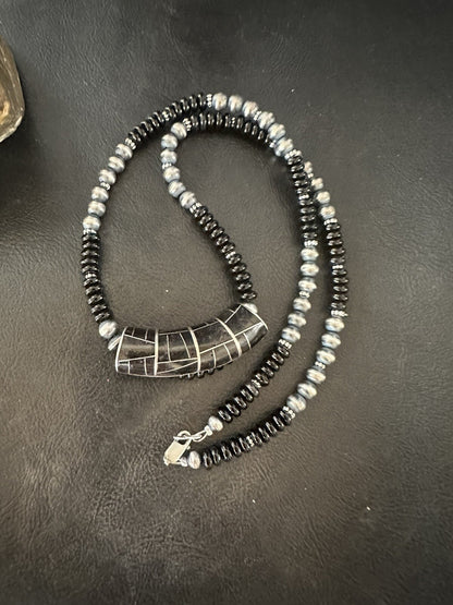 Mens Womens Black Onyx Pendant Navajo Sterling Silver Beads Necklace 18330