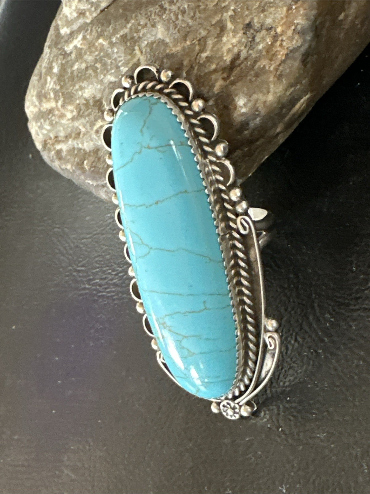 XL Blue Turquoise Navajo Sterling Silver Ring Size 10 19780