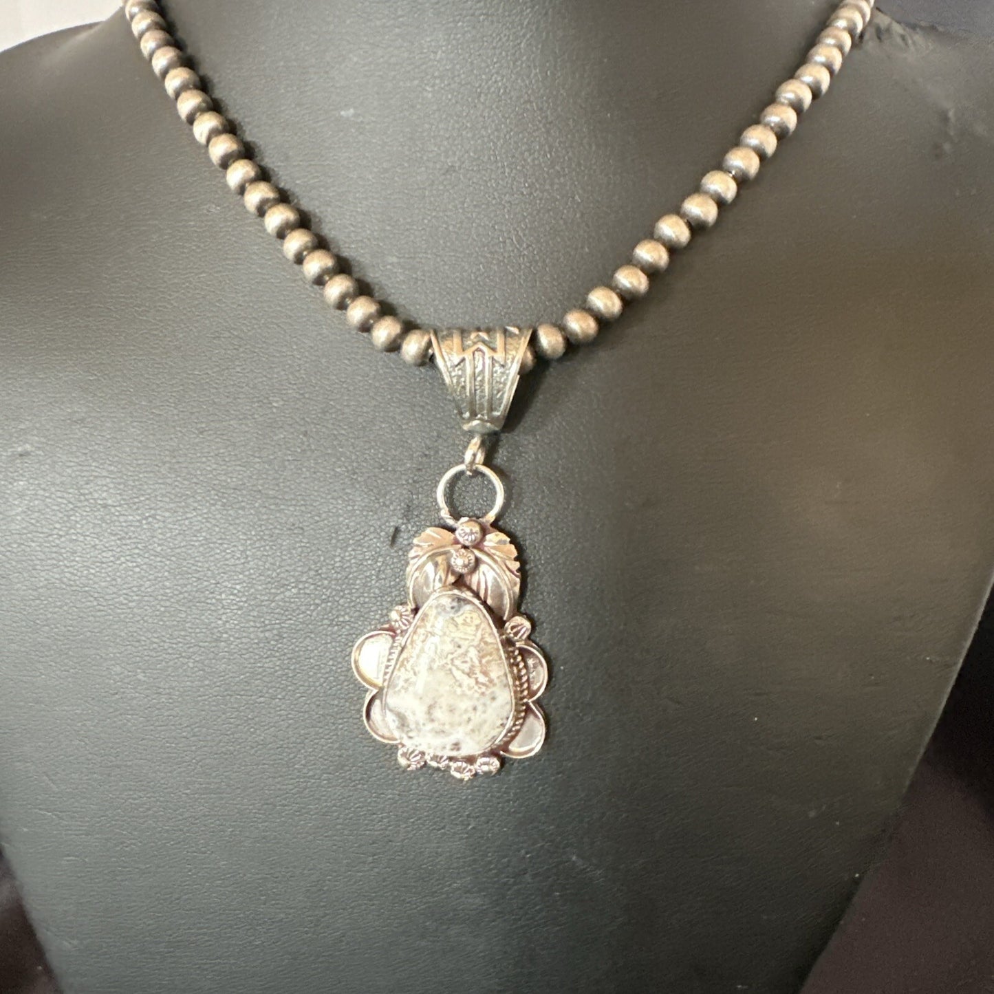 White Buffalo Turquoise Pendant  Sterling Silver Beads Necklace 17986