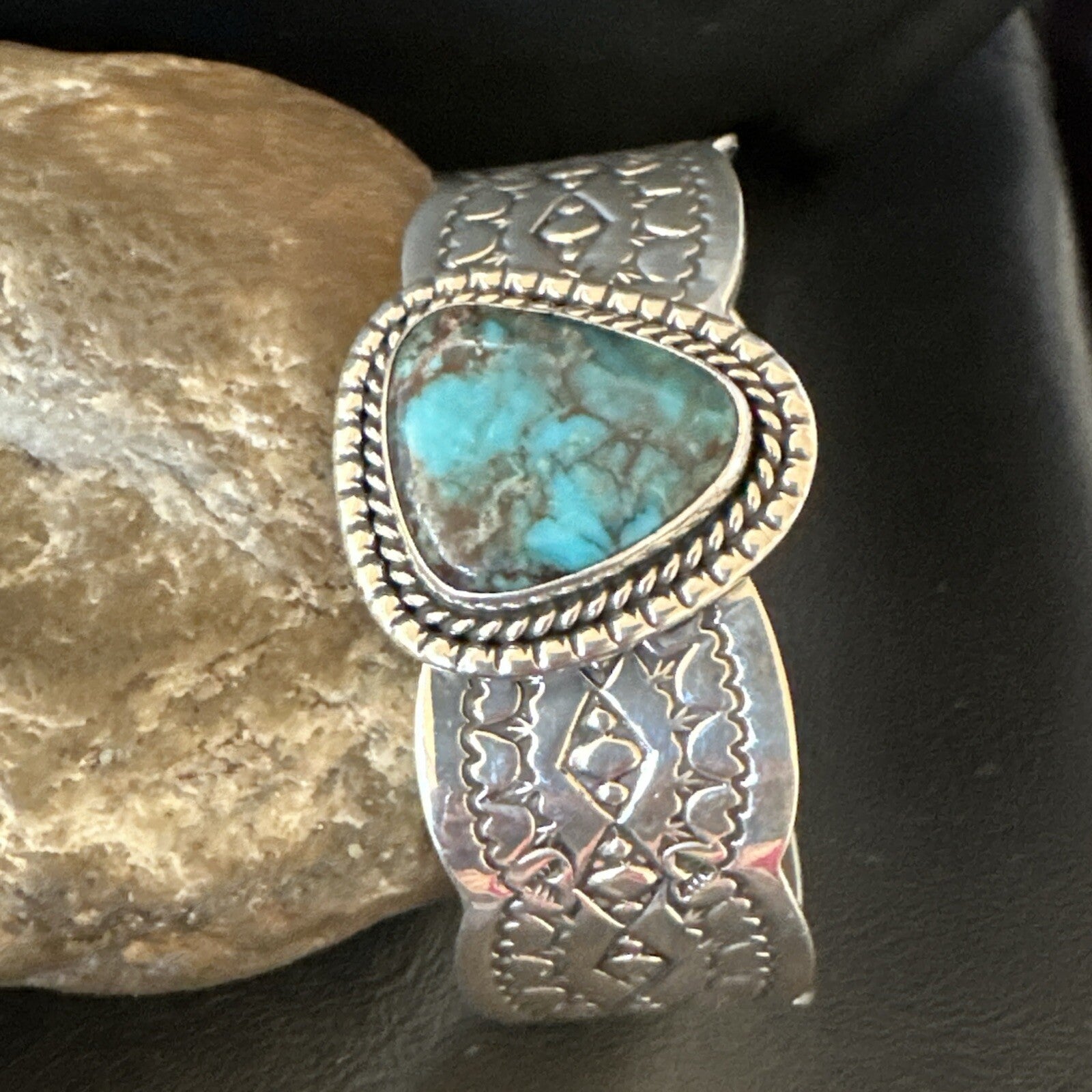Navajo Blue TURQUOISE Stamped Sterling Silver Cuff Bracelet 8.3" 18716
