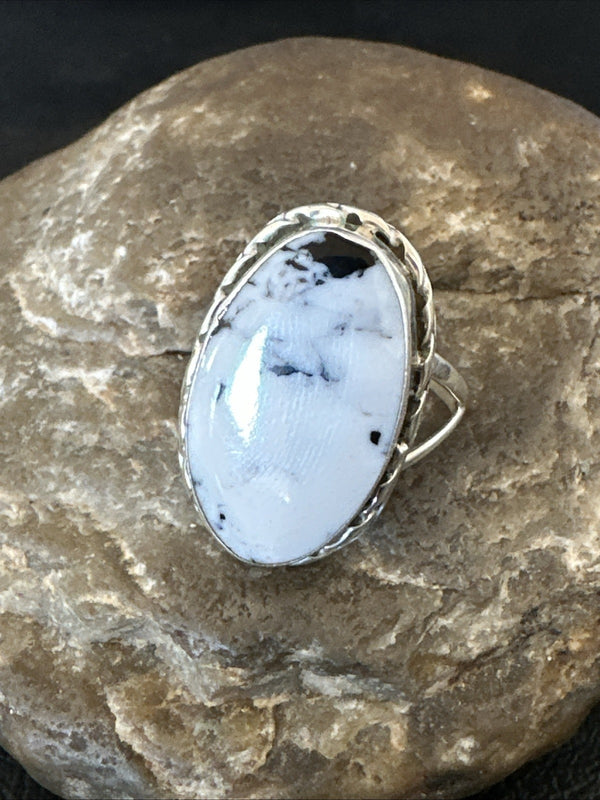 Navajo White Buffalo Turquoise Ring Sterling Silver Sz 8.5 19766