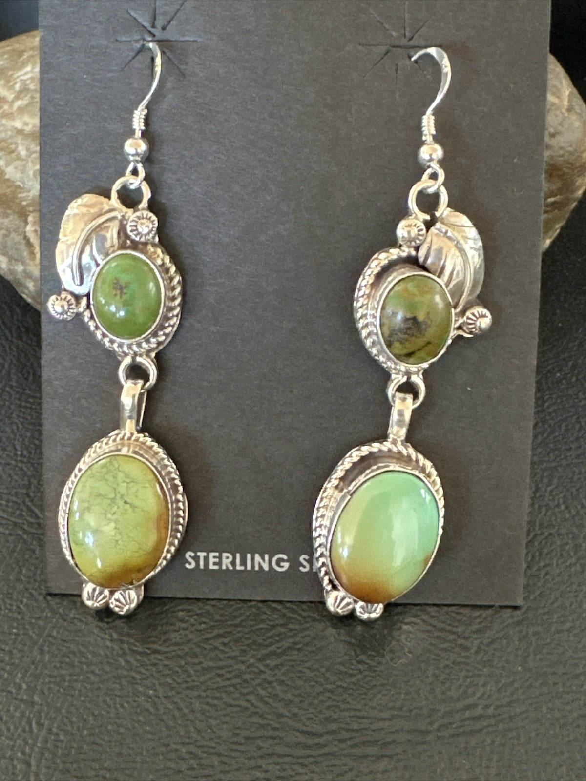 Native Navajo Green Turquoise Sterling Silver Dangle Earrings 2” 17700