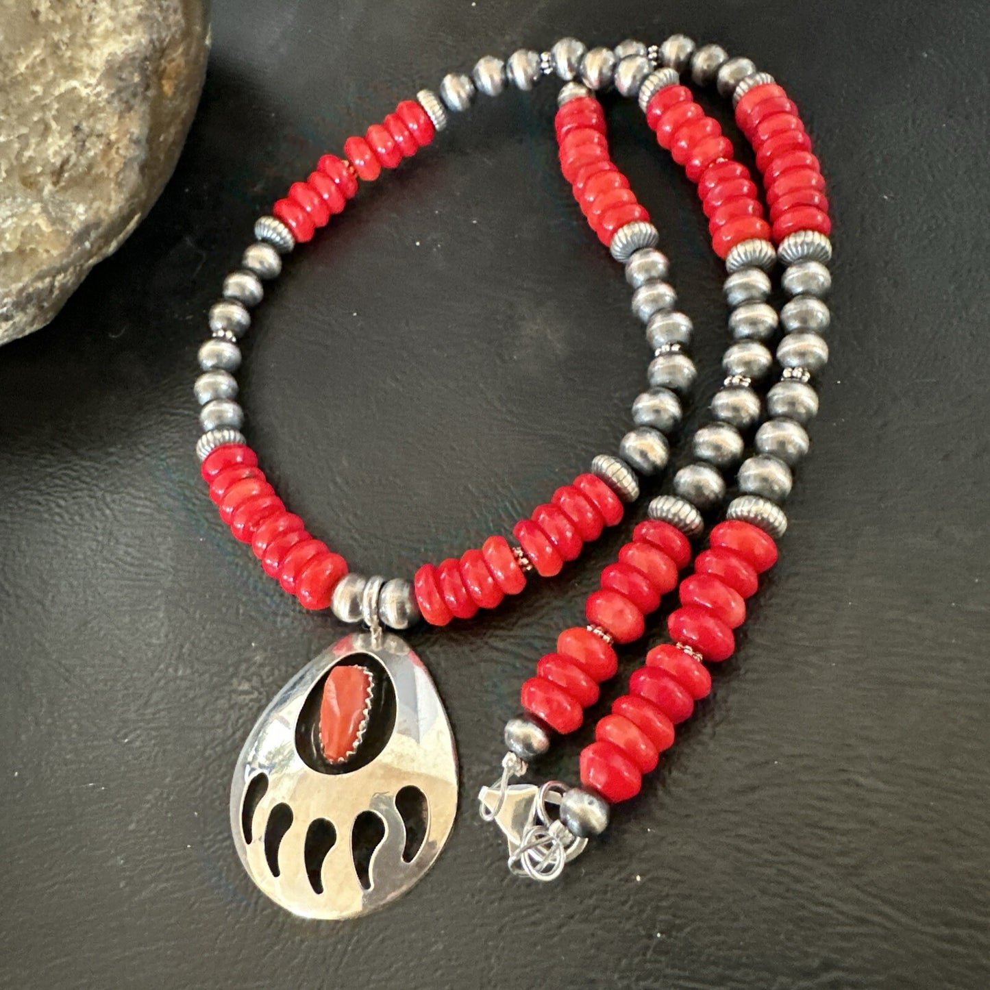 Mens Red Coral BearPaw Pendant Navajo Pearls Sterling Silver Necklace 17883