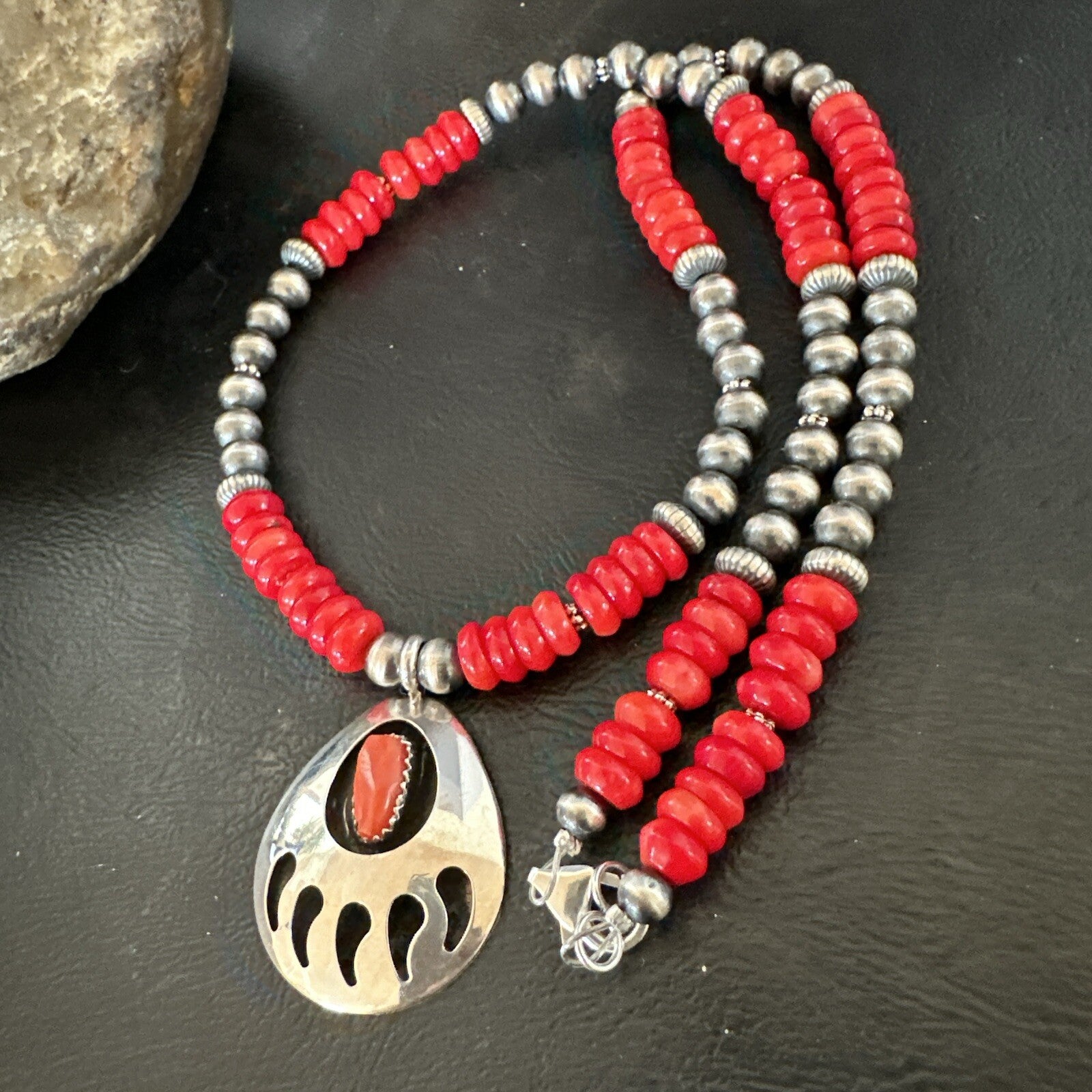 Mens Red Coral BearPaw Pendant Navajo Pearls Sterling Silver Necklace 17883
