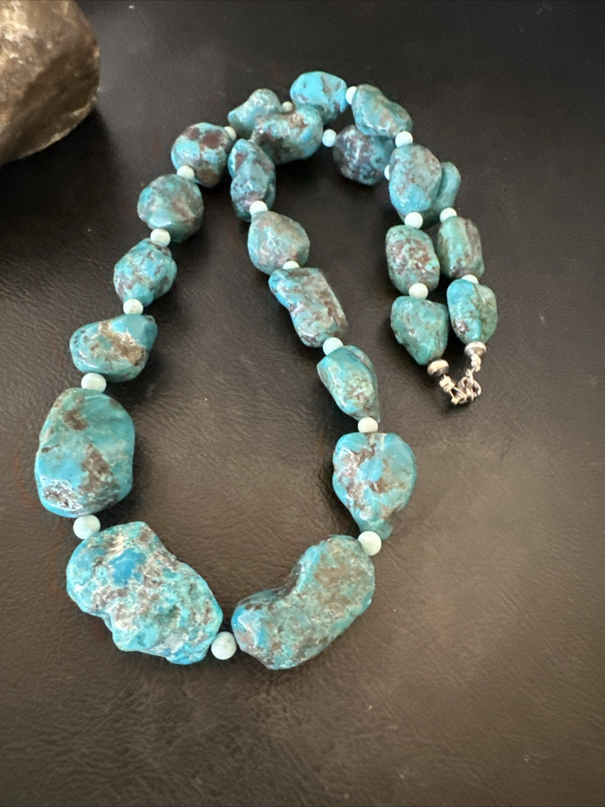 Blue Turquoise Chunky Nugget Navajo Sterling Silver Necklace 22” 18303