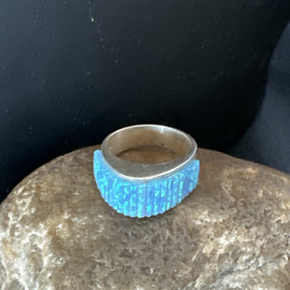 Blue Opal Navajo Sterling Silver Band Inlay Ring Size7 18799
