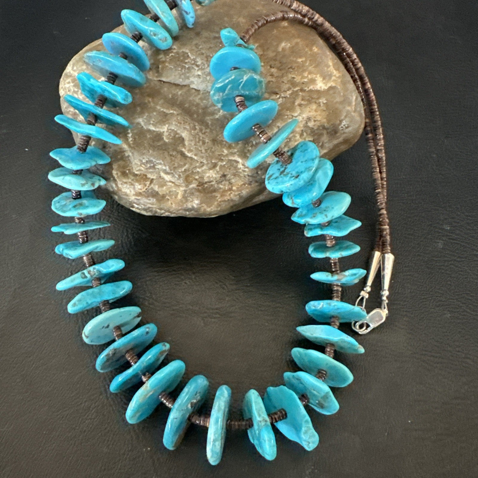 Navajo Kingman Turquoise Shell Heishi Sterling Silver Bead 24” Necklace 19633