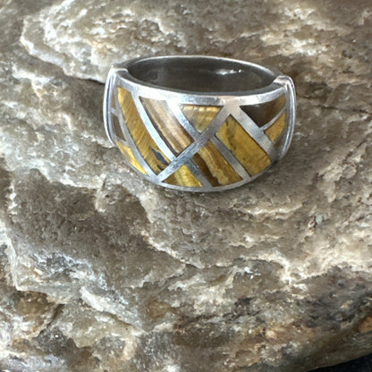 Women Coffee Tigers Eye Navajo Sterling Silver Inlay Ring Size 7 19036