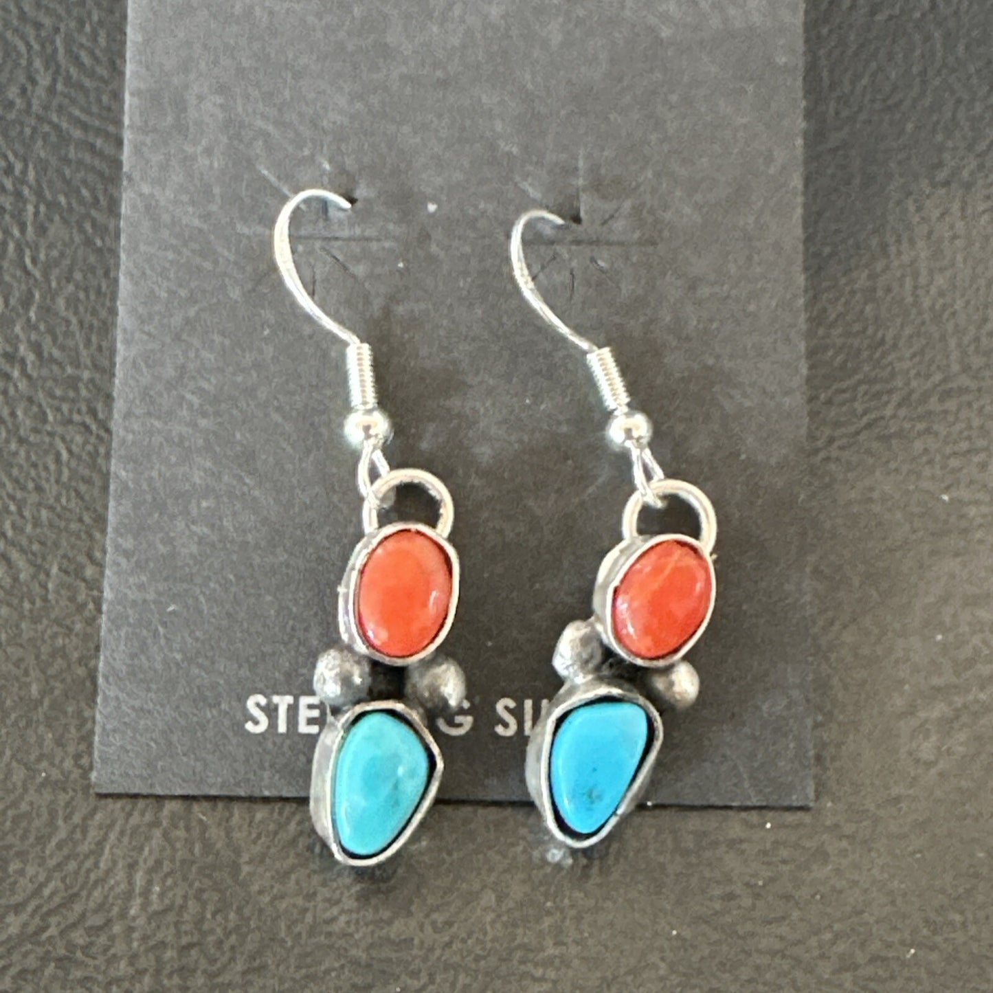 Handmade Blue Turquoise Red Coral Sterling Silver Navajo Dangle Earrings 18842