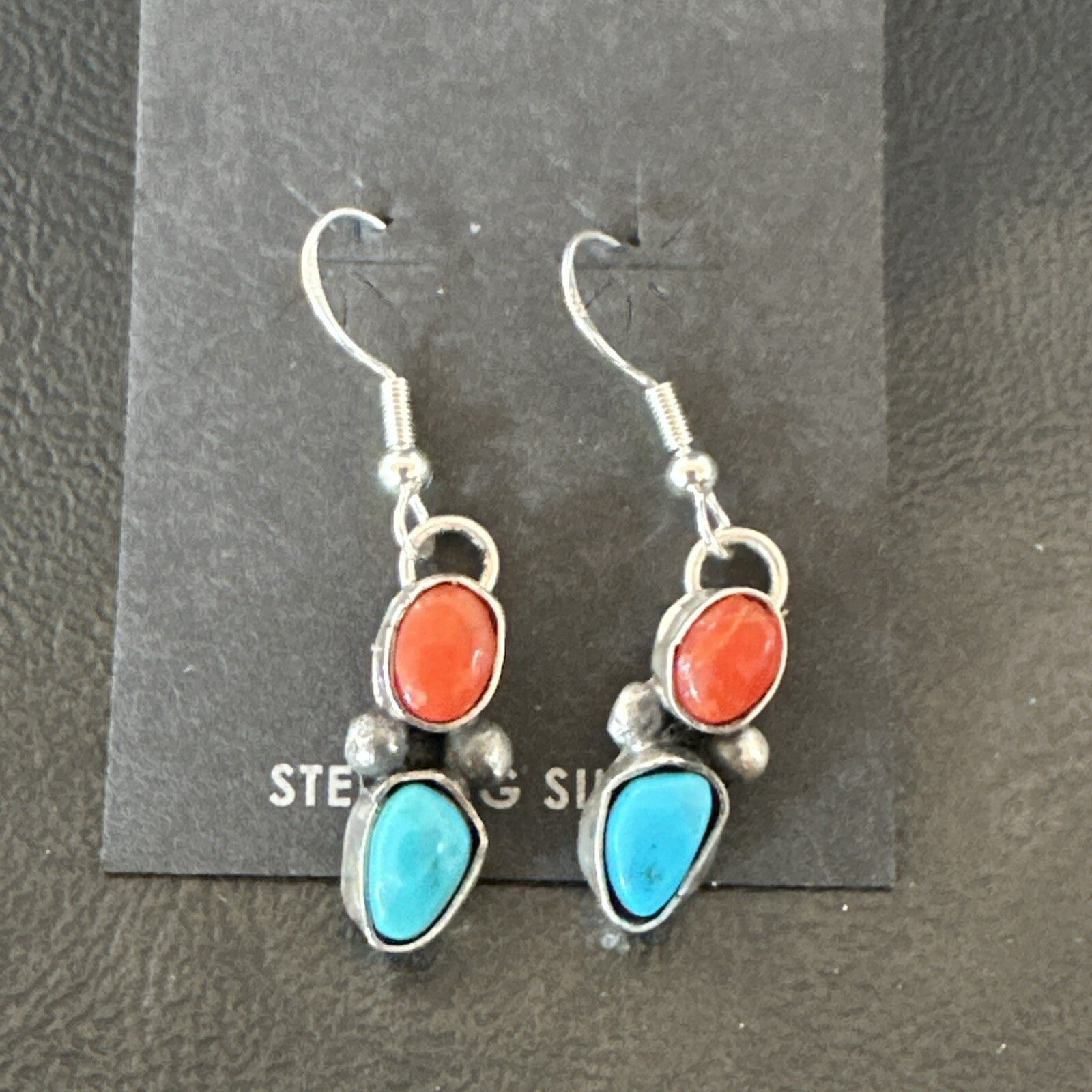 Handmade Blue Turquoise Red Coral Sterling Silver Navajo Dangle Earrings 18842