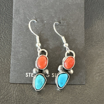 Handmade Blue Turquoise Red Coral Sterling Silver Navajo Dangle Earrings 18842