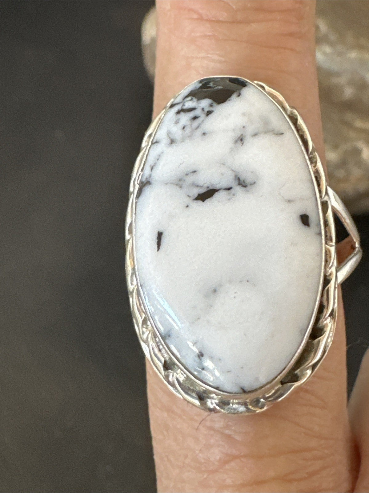 Navajo White Buffalo Turquoise Ring Sterling Silver Sz 8.5 19766