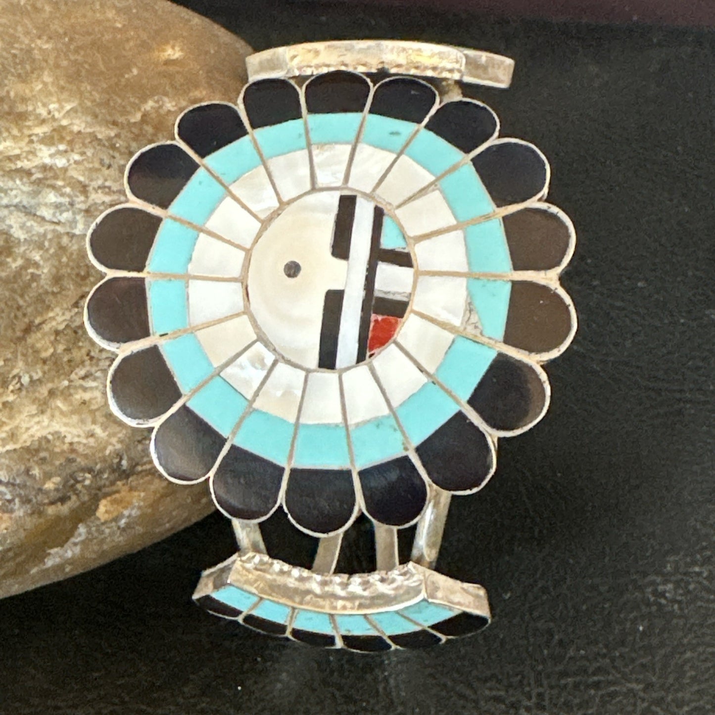 Old Pawn Sunface Turquoise Zuni Sterling Silver Onyx Bracelet 6.75” 19128