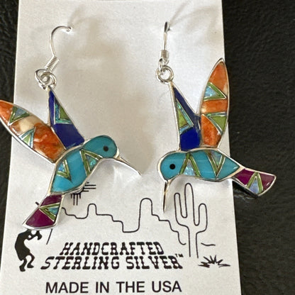 Blue Turquoise Spiny Opal Sterling Silver Hummingbird Dangle Earrings 19132