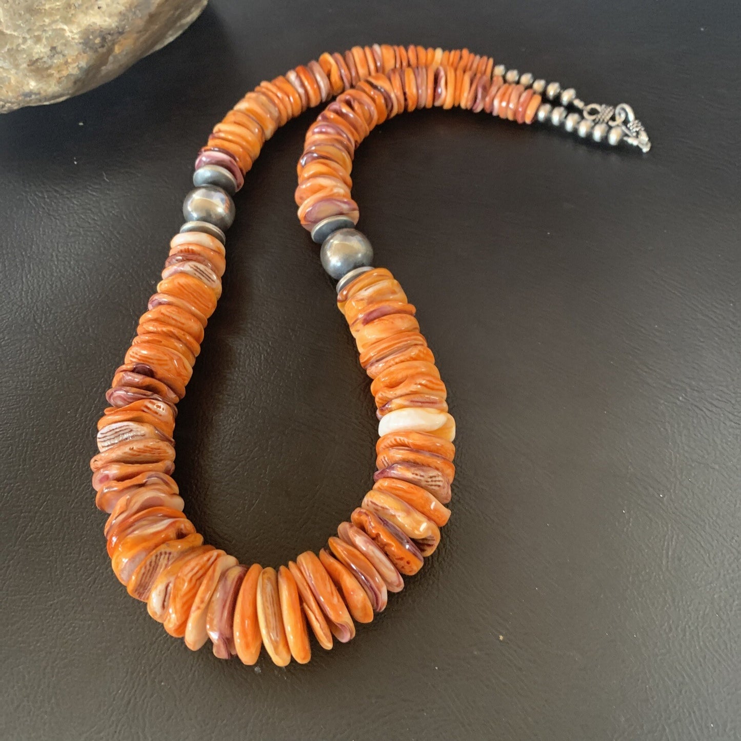 Orange Purple Spiny Oyster Navajo Pearls Sterling Silver Necklace 21" 12736