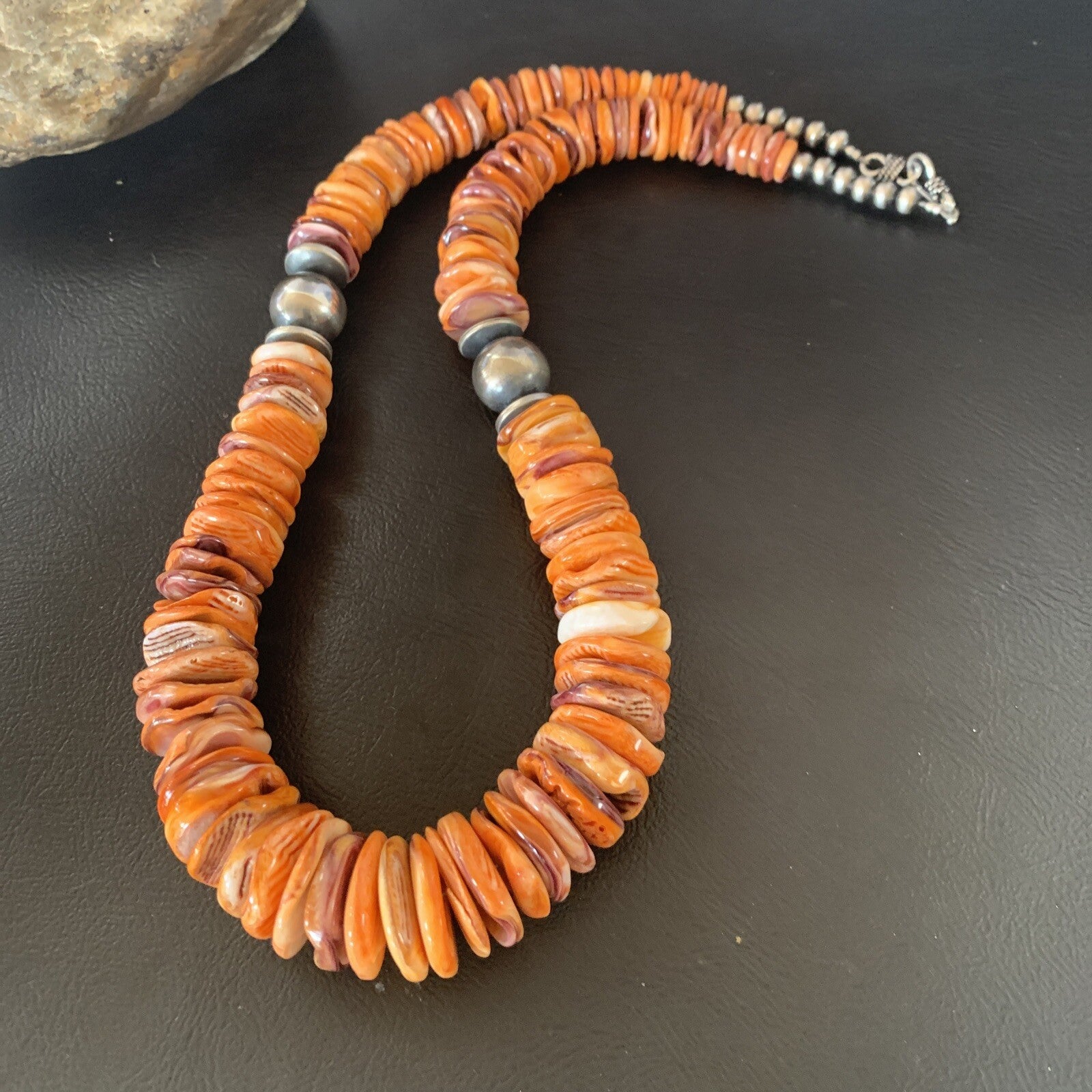 Orange Purple Spiny Oyster Navajo Pearls Sterling Silver Necklace 21" 12736