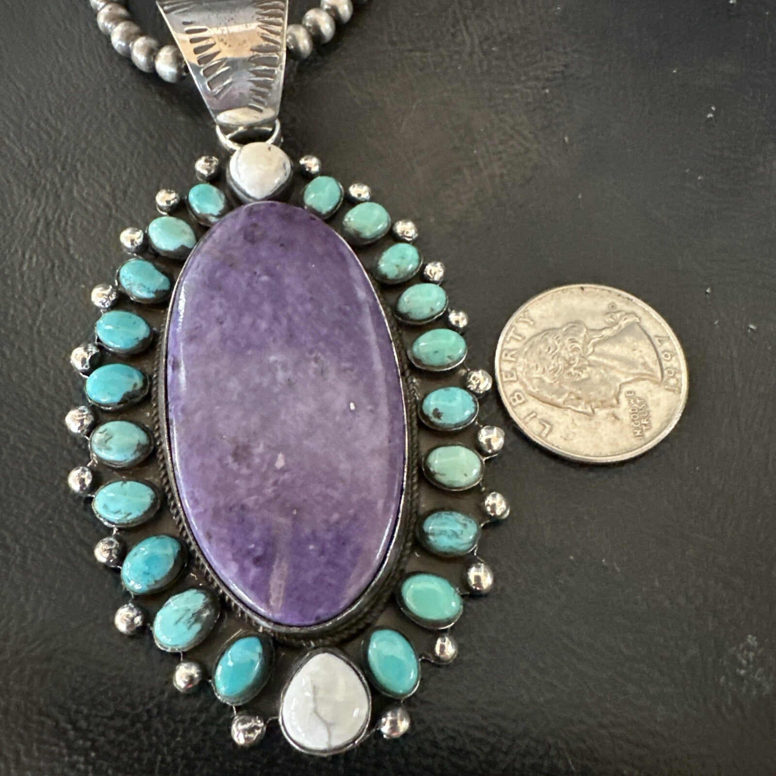 Purple Charoite Turquoise Navajo Sterling Silver Cluster Pendant 3.75" 18651
