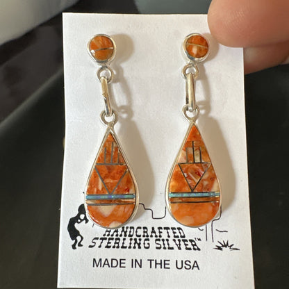 Womens Opal Spiny Oyster Inlay Navajo Sterling Silver Dangle Earrings 19135
