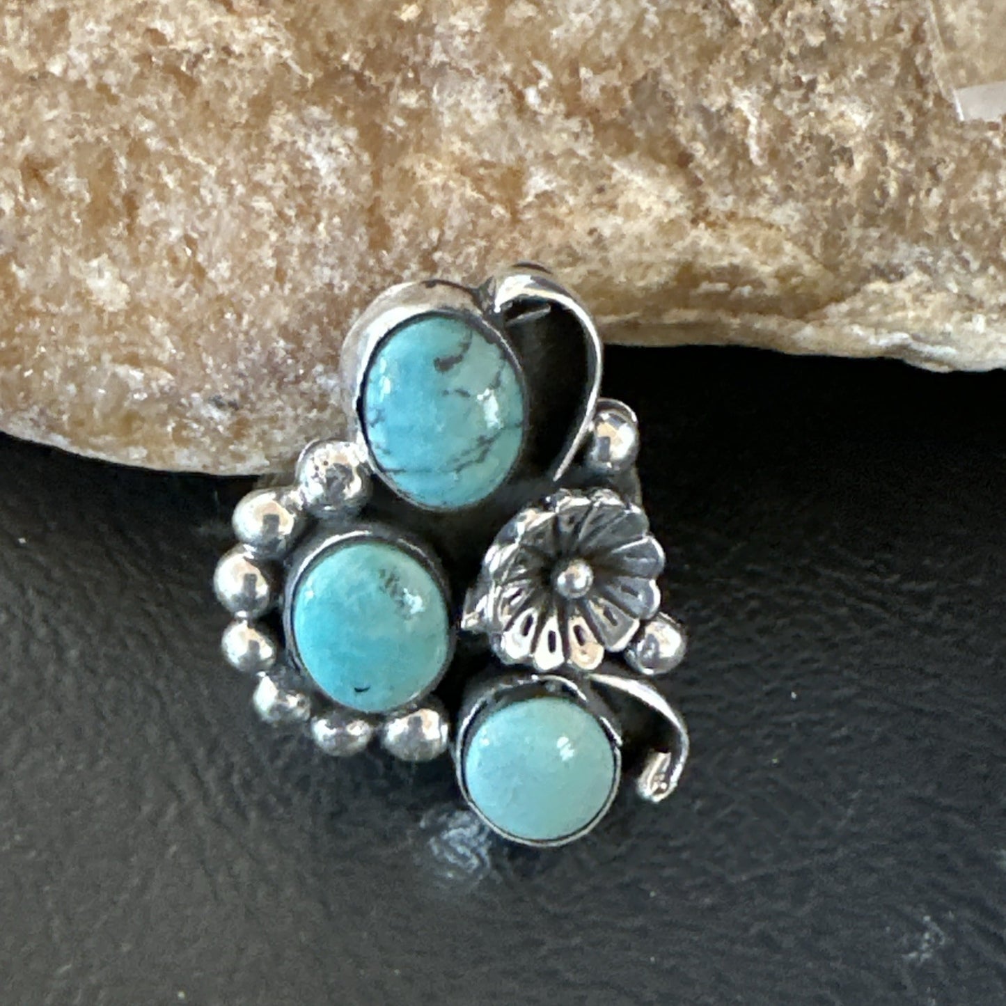 Yazzie Ring Blue Turquoise Navajo Sterling Silver Cluster Size 9 19217