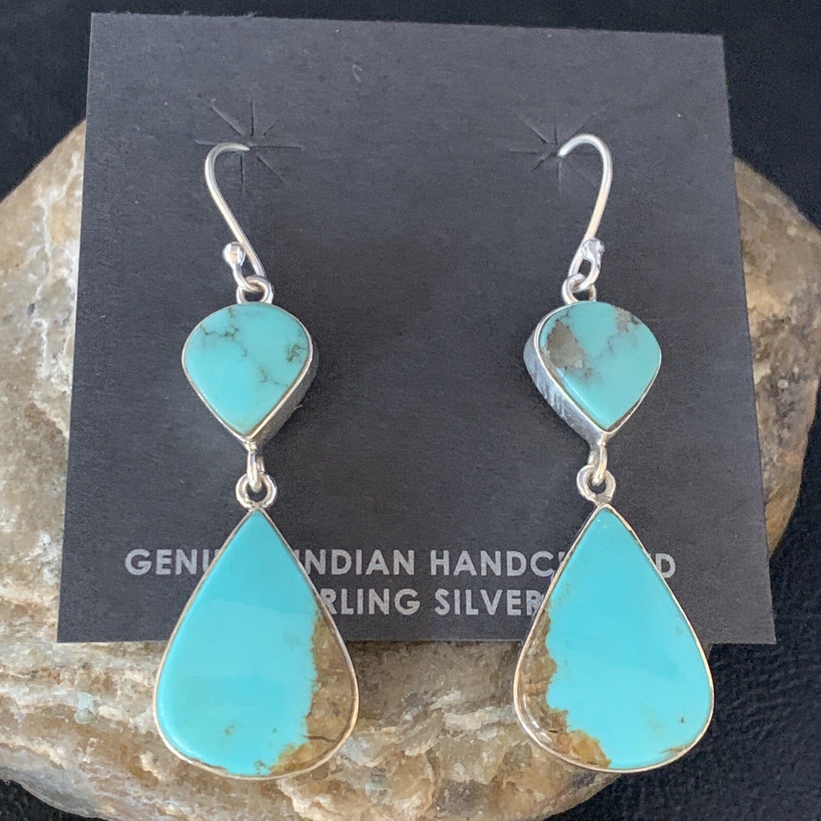 Kingman Turquoise Handmade Navajo Sterling Silver Dangle Earrings 13899