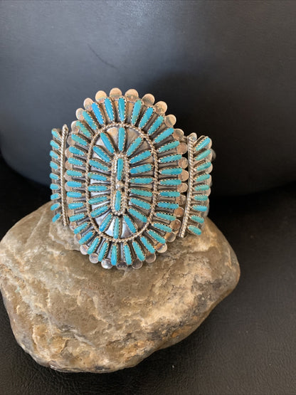 Blue Turquoise Zuni Sterling Silver Cluster Cuff Bracelet 12333