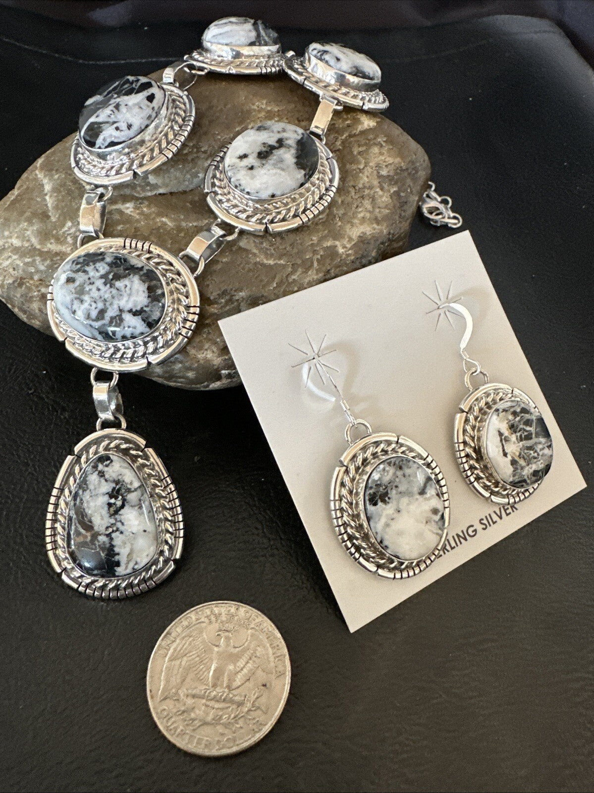 Women White Buffalo Turquoise Necklace Earrings Sterling Silver 19” 18605