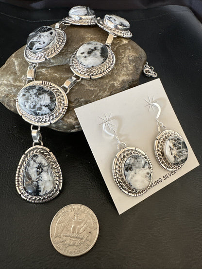 Women White Buffalo Turquoise Necklace Earrings Sterling Silver 19” 18605
