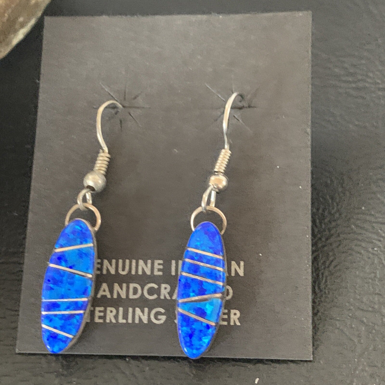 Womens Blue Opal Inlay Navajo Sterling Silver Dangle Earrings 12838
