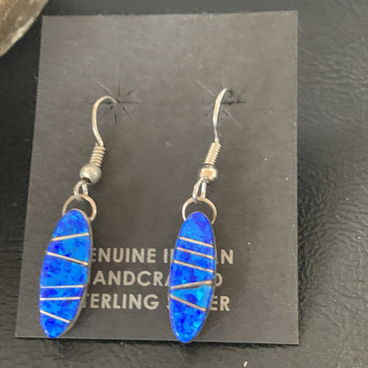 Womens Blue Opal Inlay Navajo Sterling Silver Dangle Earrings 12838