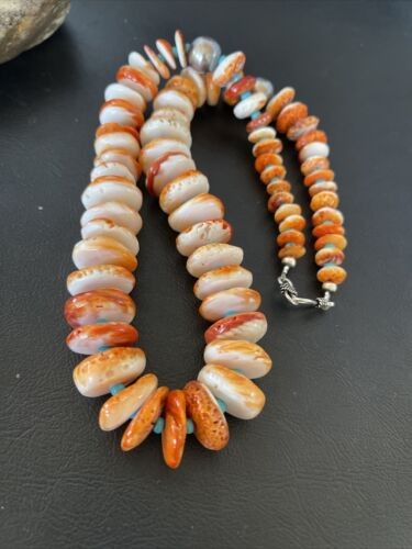 Navajo Turquoise & Orange Spiny Oyster Necklace Graduated 22" 10587