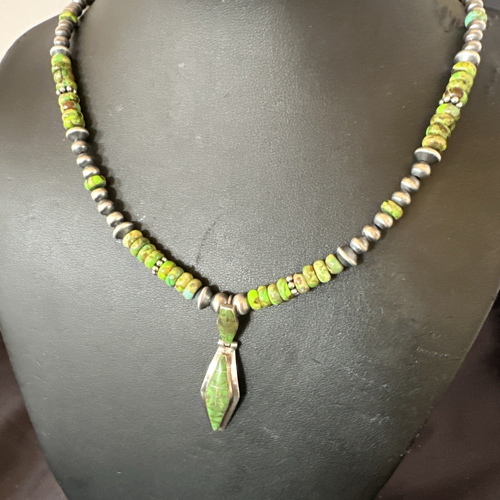 Womens Green Gaspeite Turquoise Pendant Navajo Sterling Silver Necklace 17881